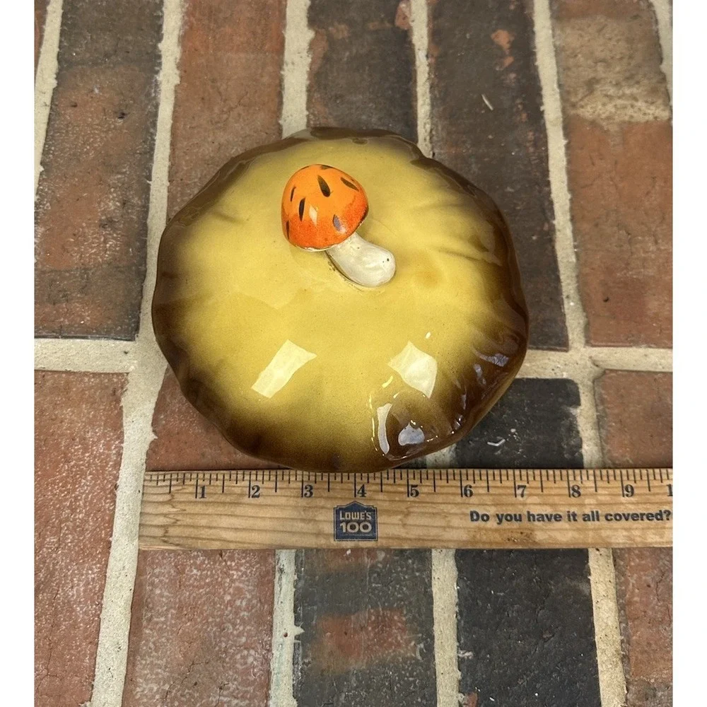 VINTAGE 70s Merry Mushroom Canister Lid Sears Brown With Orange Mushroom